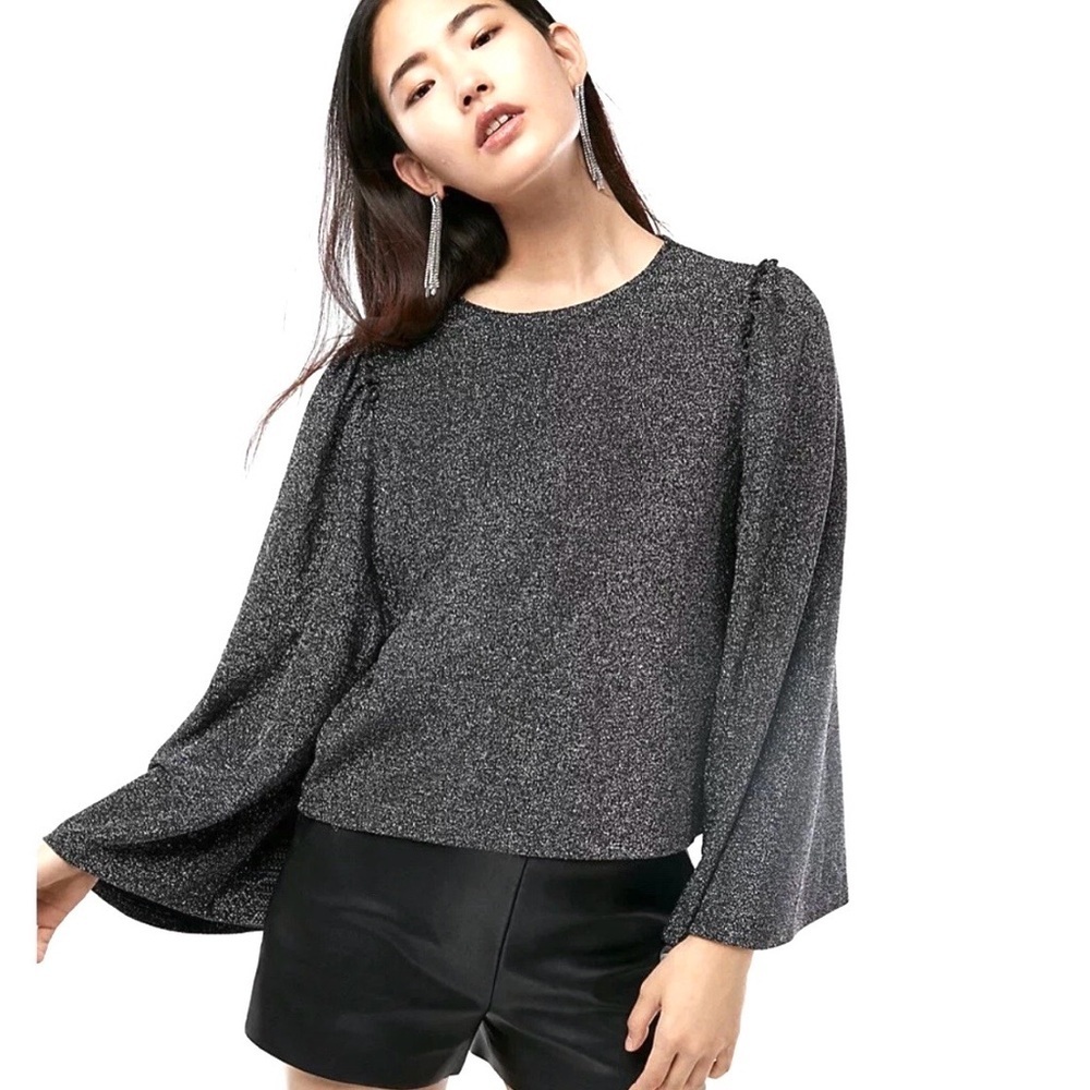 Express Pullover Top Metallic Silver Sparkle Wide Kimono Sleeve Dressy Shirt XS